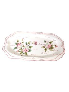 Seymour Mann Hand Painted Love Floral Rose Pink Edge Serving Tray Appx 17.5 x 8.